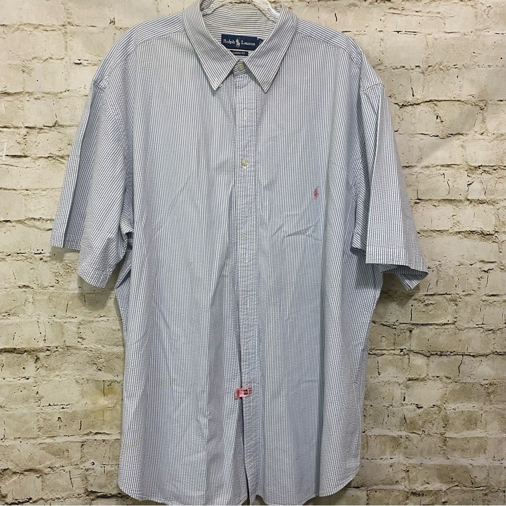 Ralph Lauren Blue White Striped Seersucker Cotton Button Up